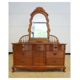 1105	OAK LEXINGTON CHEST W/BEVELED MIRROR TOP & ARCHED GALLERY TURNED SPINDLE BACK, 7 DRAWER, ONE DO
