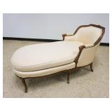 1110	FENCH PROVINCIAL UPHOLSTERED CHAISE LOUNGE, UPHOLSTERY WORN, APPROXIMATELY 29 IN X 65 IN X 39 I
