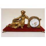 1149	FRENCH GILT METAL CLOCK & FIGURE CLOCK FACE MARKED STEWART & CO NEW YORK FRANCE, MOVEMENT STAMP
