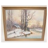 1176	ARTIST SIGNED OIL PAINTING ON CANVAS WINTER SCENEOF CABIN ALONG RIVER W/WOMAN & CHILD WALKING D
