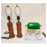 1218	PAIR OF MODERN DANISH TABLE LAMPS & MARBLE & BRASS DESK LAMP W/GREEN CASED GLASS SHADE