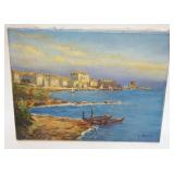 1222	FRENCH OIL PAINTING ON CANVAS OF A FISHING VILLAGE, ERBALUNGA CORSICA, ARTIST SIGNED, APPROXIMA
