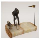 1240	MIDCENTURY MODERN METAL SCULPTURE OF MAN PLAYING GOLF ON ONYX BASE, ARTIST SIGNED, APPROXIMATEL