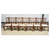 1146C	SET OF 6 MAHOGANY STYLE BALL & CLAW FOOT CHAIRS, 2 ARM & 4 SIDE, SOME STAINING ON UPHOLSTERY