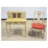 1146E	FRENCH PROVINCIAL DESK/VANITY & FRENCH EMPIRE STYLE GILT WOOD ARMCHAIR, SOME STAINING ON UPHOL