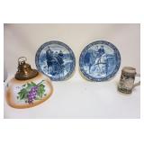 1254	ASSORTED LOT W/HANGING HAND PAINTED MILK GLASS SHADE, GERMAN STEIN & 2 DELFT 15 1/4 IN CHARGERS