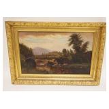 1004	OIL PAINTING ON CANVAS MAN FISHING IN STREAM IN GILT FRAME, SIGNED ON BACK CORNELIUS DANFORTH, 