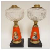 1006	PAIR OF ANTIQUE KEROSENE GEORGE & MARTHA WASHINGTON LAMP FONTS W/BRASS COLLARS & SLATE BASES & 