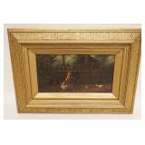 1007	ANTIQUE OIL PAINTING ON CANVAS OF CHICKENS & PEEPS, ARTIST SIGNED HOWARD HILL