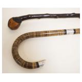 1018	LOT OF 2 CANES/WALKING STICKS, ONE RUSTIC WOOD & ART DECO LAMINATED RINGS WCHROME ACCENTS, TALL