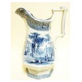 1026	BLUE AND WHITE TRANSFER PITCHER, APPROXIMATELY 12 1/2 IN H
