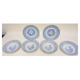 1027	LOT OF 6 BLUE AND WHITE TRANSFER PLATES AND BOWLS, APPROXIMATELY 9 1/2 IN