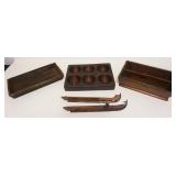 1036	GROUP OF ASSORTED PRIMITIVE ITEMS INCLUDING, SKATES, TAPERED KNIFE BOXES AND CASH TILL INSERT