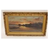 1043	B.J. HARNETT ANTIQUE OIL PAINTING ON BOARD, HARBOR SCENE, ARTIST SIGNED, APPROXIMATELY 17 IN X 
