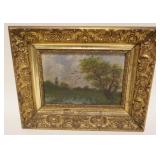 1045	ANTIQUE OIL PAINTING ON CANVAS, LANDSCAPE, APPROXIMATELY 12 IN X 10 IN OVERALL