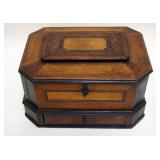 1048	INLAID MAHOGANY BOX HAVING A LIFT TOP AND DRAWER, APPROXIMATELY 8 IN X 10 IN X 6 IN HIGH, SOME 
