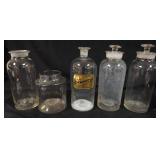 1050	ANTIQUE APOTHECARY JARS, LOT OF 5 ASSORTED, LARGEST APPROXIMATELY 13 IN, ALL WITH PONTIL MARKS 