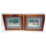 1056	PAIR OF COLORED DUCK LITHOGRAPHS IN BIRDSEYE MAPLE FRAME, APPROXIMATELY 13 IN X 15 IN OVERALL