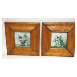 1058	PAIR OF FLORAL PRINTS IN BIRDSEYE MAPLE FRAMES, APPROXIMATELY 9 IN X 9 IN OVERALL