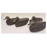 1074	LOT OF 4 CORK BODY DUCK DECOYS, LARGEST APPROXIMATELY 15 IN X 7 IN X 8 IN