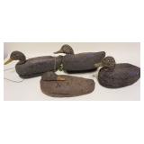 1076	LOT OF 4 CORK BODY DUCK DECOYS, LARGEST APPROXIMATELY 16 IN X 6 IN X 8 IN