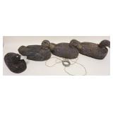 1077	LOT OF 4 CORK BODY DUCK DECOYS, LARGEST APPROXIMATELY 14 IN X 6 IN X 8 IN
