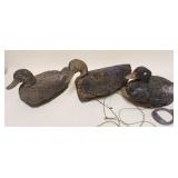 1078	LOT OF 3 CORK BODY DUCK DECOYS, LARGEST APPROXIMATELY 13 IN X 6 IN X 8 IN