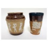 1096	ROYAL DOULTON ENGLAND JAR AND METAL RIMMED MUG, APPROXIMATELY 5 IN H, JAR MISSING LID