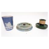 1102	GERMAN STONEWARE 3 PIECE LOT INCUDING MUG APPROXIMATELY 4 IN H, MATCH HOLDER AND PIPE HOLDER