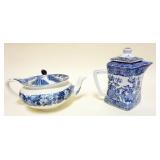 1105	BLUE AND WHITE TRANSFER TEA POTS, 1 WOOD & SONS ENOCH WOODS ENGLAND, TALLEST APPROXIMATELY 8 1/