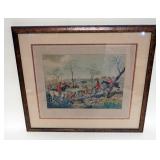 1106	SUTHERLAND SCULP FRAMED COLONEL ENGRAVING, HUNT SCENE *DRAWING A COVER*, APPROXIMATELY 19 IN X 