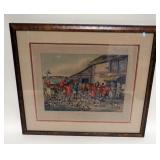 1107	SUTHERLAND SCULP FRAMED COLONEL ENGRAVING, HUNT SCENE *THE REFRESHMENT*, APPROXIMATELY 19 IN X 