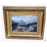 1128	ANTIQUE OIL PAINTING ON CANVAS, MOUNTAIN SIDE, ARTIST SIGNED, APPROXIMATELY 17 IN X 21 IN OVERA