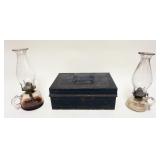 1136	LOT OF ANTIQUE KEROSENE LAMPS AND TIN DOCUMENT BOX