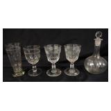 1140	EARLY AMERICAN GLASS GOBLETS AND DECANTOR, TALLEST APPROXIMATELY 9 1/2 IN 