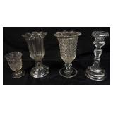 1144	LOT OF 4 ASSORTED FLINT GLASS PIECES, INCLUDING CELLERYS, CANDLESTICK, TALLEST APPROXIMATELY 9 