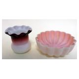 1149	2 PINK SATIN CASED GLASS SMALL BOWL AND TOOTH PICK, TALLEST APPROXIMATELY 2 1/2 IN 