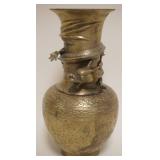 1152	BRASS ASIAN VASE WITH APPLIED DRAGON, CHARACTER MARKS ON BASE, DRILLED FOR A LAMP, APPROXIMATEL