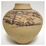 1160	ART POTTERY VASE WITH SCENE DEPICTING OX DRAWN PLOW WITH FARMER IN FIELDS, APPROXIMATELY 12 IN 