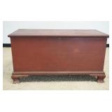 1182	ANTIQUE COUNTRY PINE BLANKET CHEST IN RED FINISH, DOVETAILED CASE ON BRACKET FEET AND ORIGINAL 