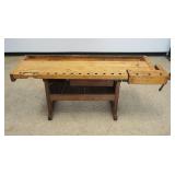1185	ANTIQUE WOOD WORKERS BENCH WITH WOOD VICE, 1 DRAWER AND 2 METAL BENCH DOGS, APPROXIMATELY 84 IN