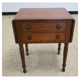 1196	ANTIQUE CHERRY COUNTRY 2 DRAWER STAND ON TURNED LEGS WITH FLIP TOP SIDES, APPROXIMATELY OPEN 42