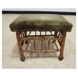 1203	SMOKED BAMBOO UPHOLSTERED FOOT STOOL, UPHOLSTRY WORN, APPROXIMATELY 15 IN X 11 IN X 13 IN