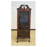 1207	ANTIQUE MAHOGANY BALL AND CLAW FOOT CURIO CABINET WITH INDIVIDUAL GLASS PANE DOOR AND SIDES, NA