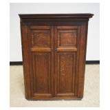 1222	ANTIQUE OAK BARREL BACK HANGING CORNER CUPBOARD, APPROXIMATELY 14 IN X 34 IN X 44 IN H, LOSS TO