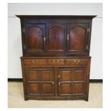 1226	ANTIQUE 2 PART ENGLISH STEP BACK OAK CUPBOARD HAVING 4 DOORS AND FAUX DRAWER FRONTS, PINNED CON