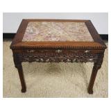1231	ORNATE ANTIQUE CARVED ASIAN STAND WITH INSET MARBLE TOP, APPROXIMATELY 25 IN X 18 IN X 70 IN