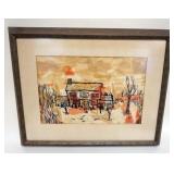 1239	MID CENTURY MODER PAINTING OF HOME SIGNED FEINSOD 1968, APPROXIMATELY 20 IN X 28 IN OVERALL