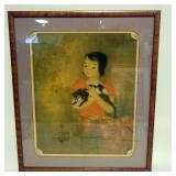 1241	ASIAN ART, YOUNG GIRL HOLDING CAT, ARTIST SIGNED, APPROXIMATELY 22 IN X 27 IN OVERALL