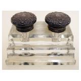 1245	GLASS INKWELL WITH STERLING SILVER TOPS, APPROXIMATELY 5 IN X 4 IN X 3 IN